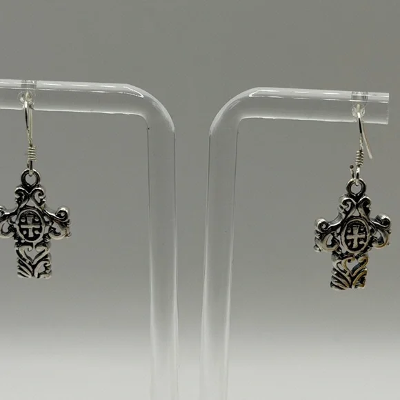 NEW Sterling Silver 925 Cross Filigree Hook Earrings - Picture 1 of 4